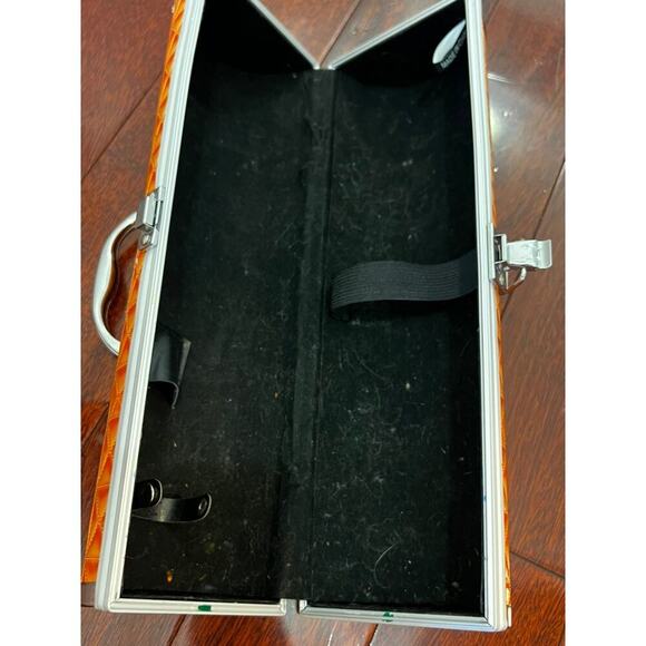 Vintage Wine Bottle Carrier Faux Orange Quilted Metal Chrome Frame footed 13" - Picture 6 of 7